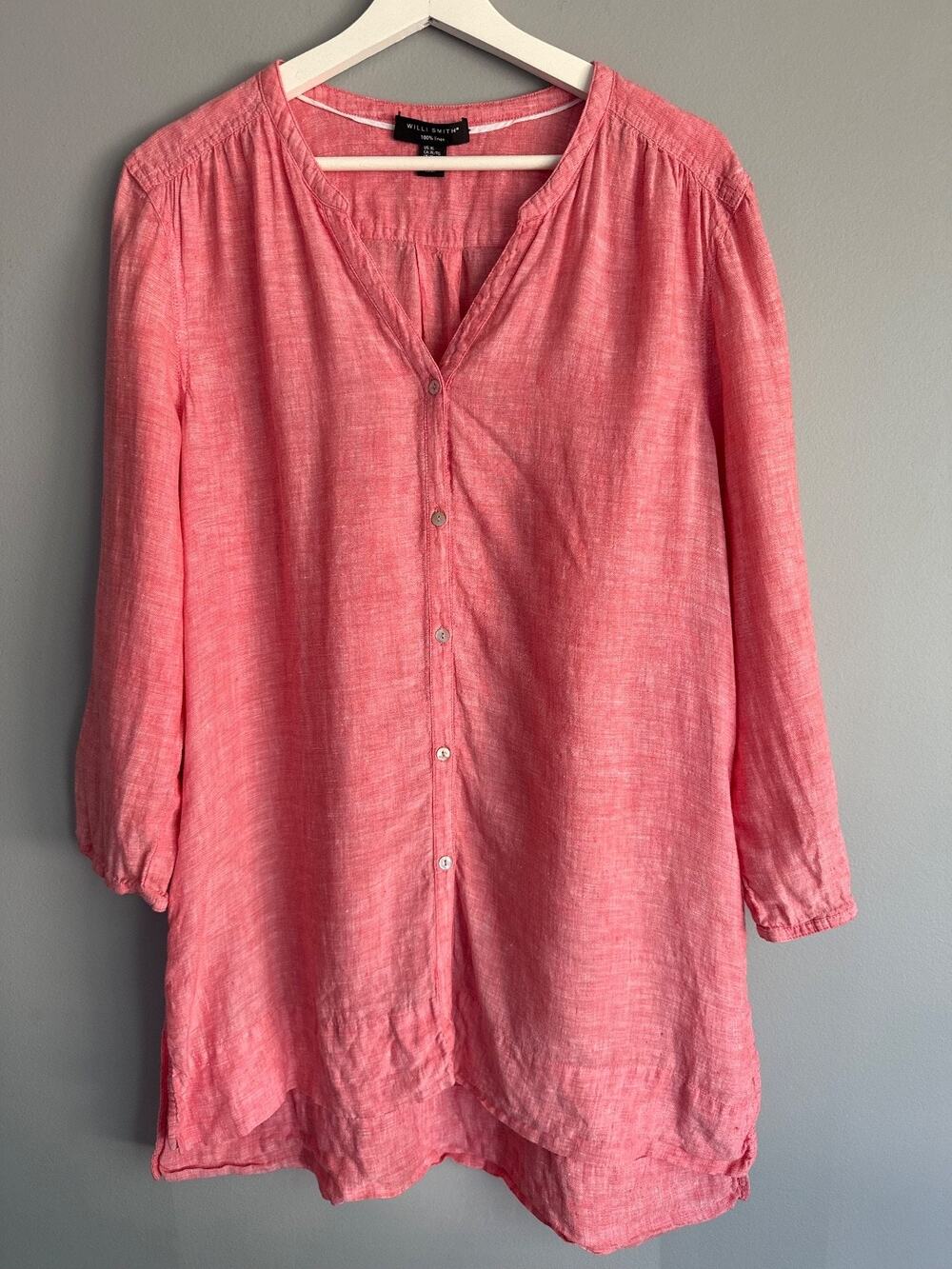 Willi Smith Linen Tunic Blouse Size XL Pink Coral V-Neck Button Front Boho Chic